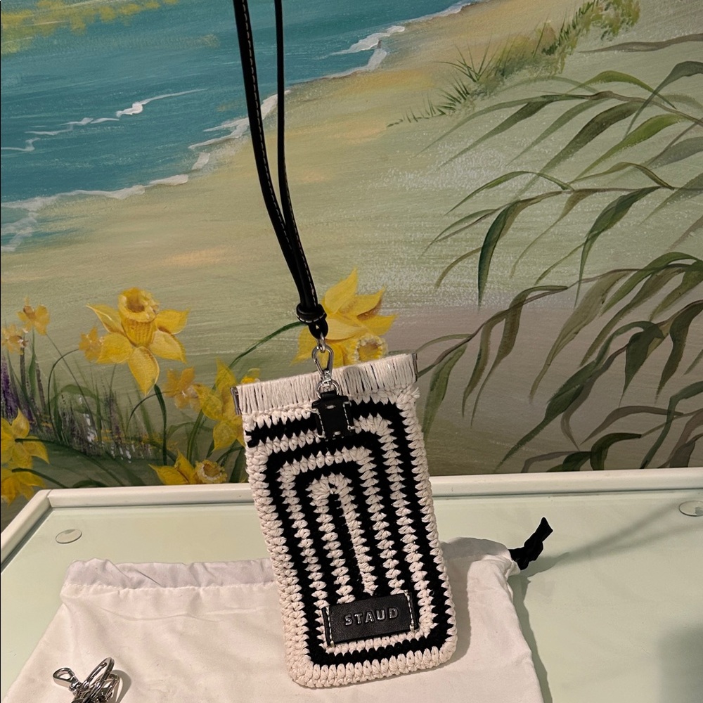NWOT STAUD Artisanal Black & Cream Crochet Pouch & Black Leather Mini Bag Charm. - Picture 2 of 15
